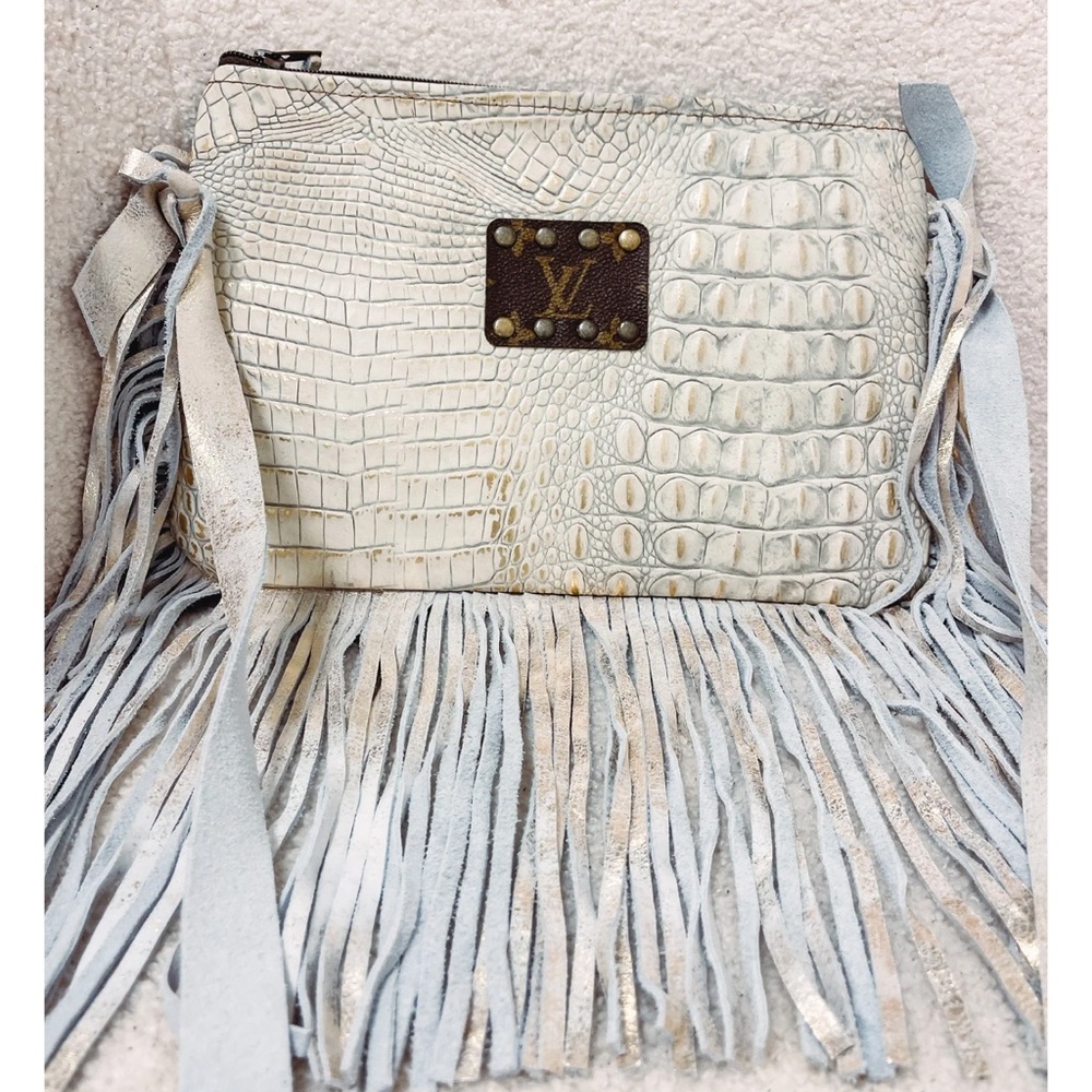 Cream & champagne crocodile Pattern Fringe Shoulder Bag LV Rework
